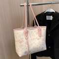White graffiti tote bag with pink straps and cute bear cartoon print design - No Pendant / Pink