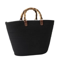 Sac fourre-tout tissé noir avec poignées en bambou naturel et détails en cuir élégants - Noir