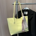 Minimalist bright yellow leather tote bag for women with decorative diamond pattern scarf - With Scarf Style / Yellow