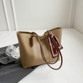 Khaki large capacity tote bag with dark brown straps and a decorative geometric scarf - With Scarf Style / Khaki
