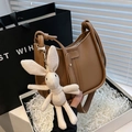 Brown leather shoulder bag with caramel finish and cute cream bunny plush charm - With Pendant / Brown
