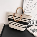 Woven tote bag with cream and black stripes featuring vintage bamboo U-shaped handles - White and Black