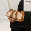 Bolso bandolera retro de lona beige y cuero marrón con elegante correa de cadena - Marrón