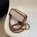 Bolso cuadrado vintage de lona color crema con ribete de cuero marrón y detalles azules - Marrón & Azul