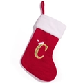 Red knit Christmas stocking with white faux fur trim and gold glitter letter C detail - Letter C