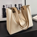 Large cream tote bag with brown handles, minimalist vegan leather shoulder bag for work - White & Khaki