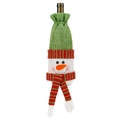 Detail of Christmas snowman wine bottle cover with green knit hat and striped scarf - Snowman Style