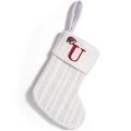 Calza di Natale in maglia bianca con lettera U ricamata in rosso e mini cappello festivo - Lettera U
