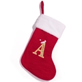 Red knit Christmas stocking with white plush cuff and gold glitter letter A detail - Letter A