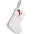 Calza natalizia in maglia bianca con lettera V ricamata in rosso e mini cappello di Babbo - Lettera V
