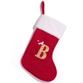 Red knit Christmas stocking with white faux fur trim and gold sequin letter B - Letter B