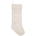Cream white cable knit Christmas stocking with hanging loop for holiday decor - Off White