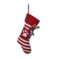 Knitted red and white striped Christmas stocking with a white pet paw print design - Red Claw