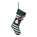 Green and white striped knitted Christmas stocking for pets with tree patch and berries - Green Christmas Tree