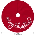 Close-up of 36-inch red Christmas tree skirt with white Merry Christmas embroidery - Large