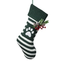 Green and white striped knitted pet Christmas stocking featuring a cute white paw print - Green Paw