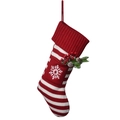 Red and white striped knitted Christmas stocking with snowflake and berry decor - Red Snowflake