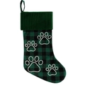 Dark green buffalo plaid Christmas stocking with white paw print patterns and hanging loop - Green Plaid