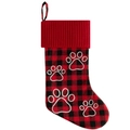 Christmas stocking with red and black buffalo plaid patterns and white paw prints - Red Plaid