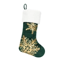 Dark green velvet Christmas stocking with white plush trim and golden sequined snowflakes - Dark Green