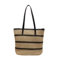 Summer woven straw tote bag with black and beige stripes and long shoulder straps - Black