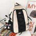 Zaino in nylon bianco e nero con ciondolo a coniglio e toppe decorative alla moda - Con Ciondolo / Nero Beige