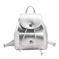 Silver metallic leather backpack with rotating clasp and drawstring closure for women - Silver