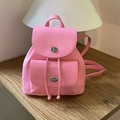 Chic pink mini backpack in smooth PU leather with silver twist locks and drawstring - Rose Red