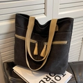 Large capacity black canvas tote bag with khaki straps and multiple zipper pockets - Black
