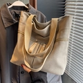 Khaki large capacity canvas tote bag with dual handles and front zipper pockets - Beige Grey