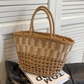 Handcrafted woven straw tote bag with brown gradient stripes and fabric lining - Khaki