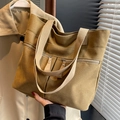 Khaki canvas tote bag with metal zipper pockets for casual commuting and students - Khaki