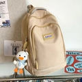 Beige high-capacity nylon backpack with cute duck pendant and multiple zip pockets - Khaki With Pendant