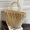 Handwoven straw tote bag with beige stripes and dual handles for summer vacations - Off-white