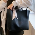 Minimalist black pebble leather tote bag with decorative plaid scarf on strap - Black