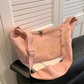 Pink oxford nylon crossbody bag with wide strap and yellow keffier embroidery - Pink