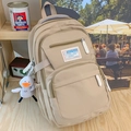 Beige large capacity nylon backpack for students with a cute white duck plush keychain - With Pendant / Khaki