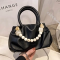 Black ruched cloud bag with marble bead handle and silver chain strap - Black