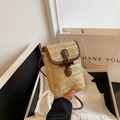 Mini straw square crossbody bag with brown leather trim and retro horn buckle closure - Brown