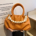 Elegant orange cloud pleated handbag with beaded handle and silver chain strap - Orange