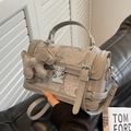Gray jacquard fabric square handbag with a silver vintage buckle and puppy charm - Standard Type / Gray