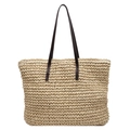 Minimalist straw tote bag with brown leather straps for summer beach vacations - Khaki