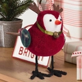 Detail of red Christmas bird plush with reindeer antlers, gold bell, and plaid wings - Reindeer Bird