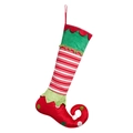 Calza di Natale da elfo classica rossa e verde con strisce e campanellini decorativi - Calza da elfo