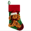 Green plush Christmas stocking for pets with a 3D brown puppy wearing a plaid bow - Dog Pattern