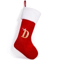 Christmas stocking with red velvet fabric, white faux fur trim, and golden sequin letter D - Style D