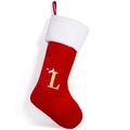 Classic red velvet Christmas stocking with white plush trim and golden glitter letter L - Style L