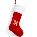 Plush red Christmas stocking with white trim and golden sequin letter M embroidery - Style M