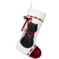 Calcetín navideño de felpa blanca con silueta de gato negro y lazo a cuadros rojos - Estilo de Gato
