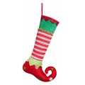Calza natalizia a forma di stivale da elfo in rosso e verde con pompon decorativi - Calza di Natale Stivali da Elfo (ML-H543)